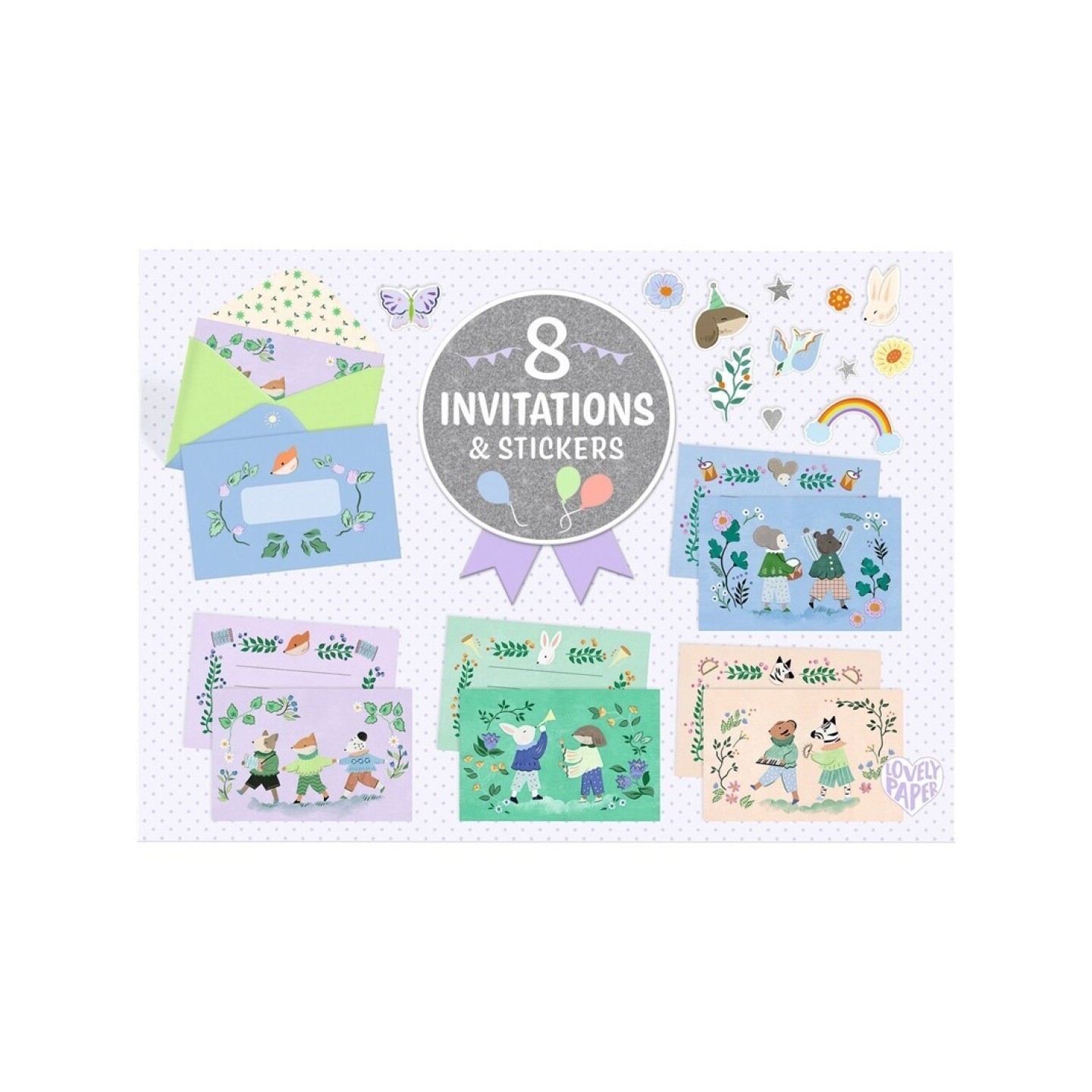 Pack 8 Invitaciones Fanfarria de Animales
