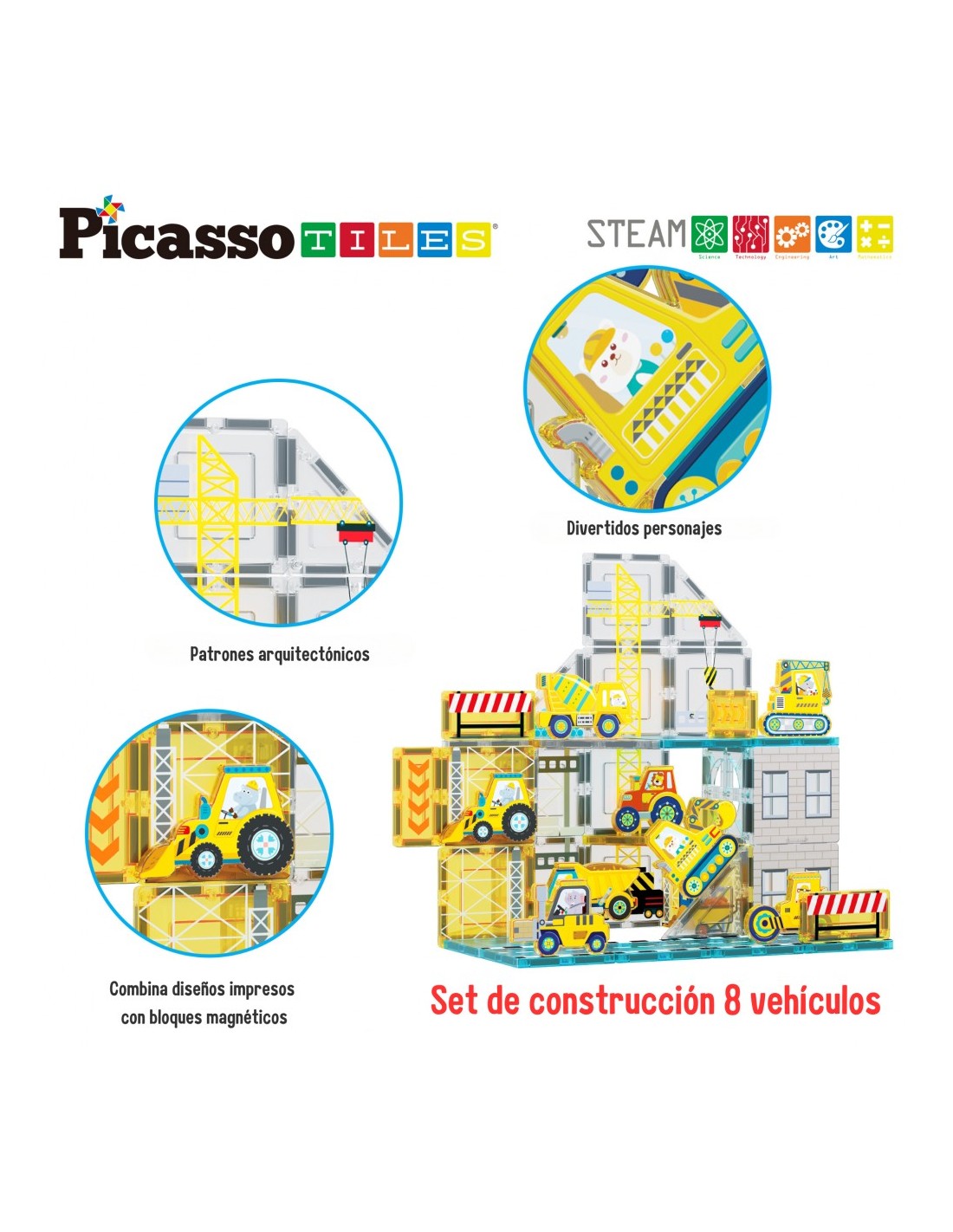 Picasso Tiles Construcción 37 Piezas + 8 Vehículos