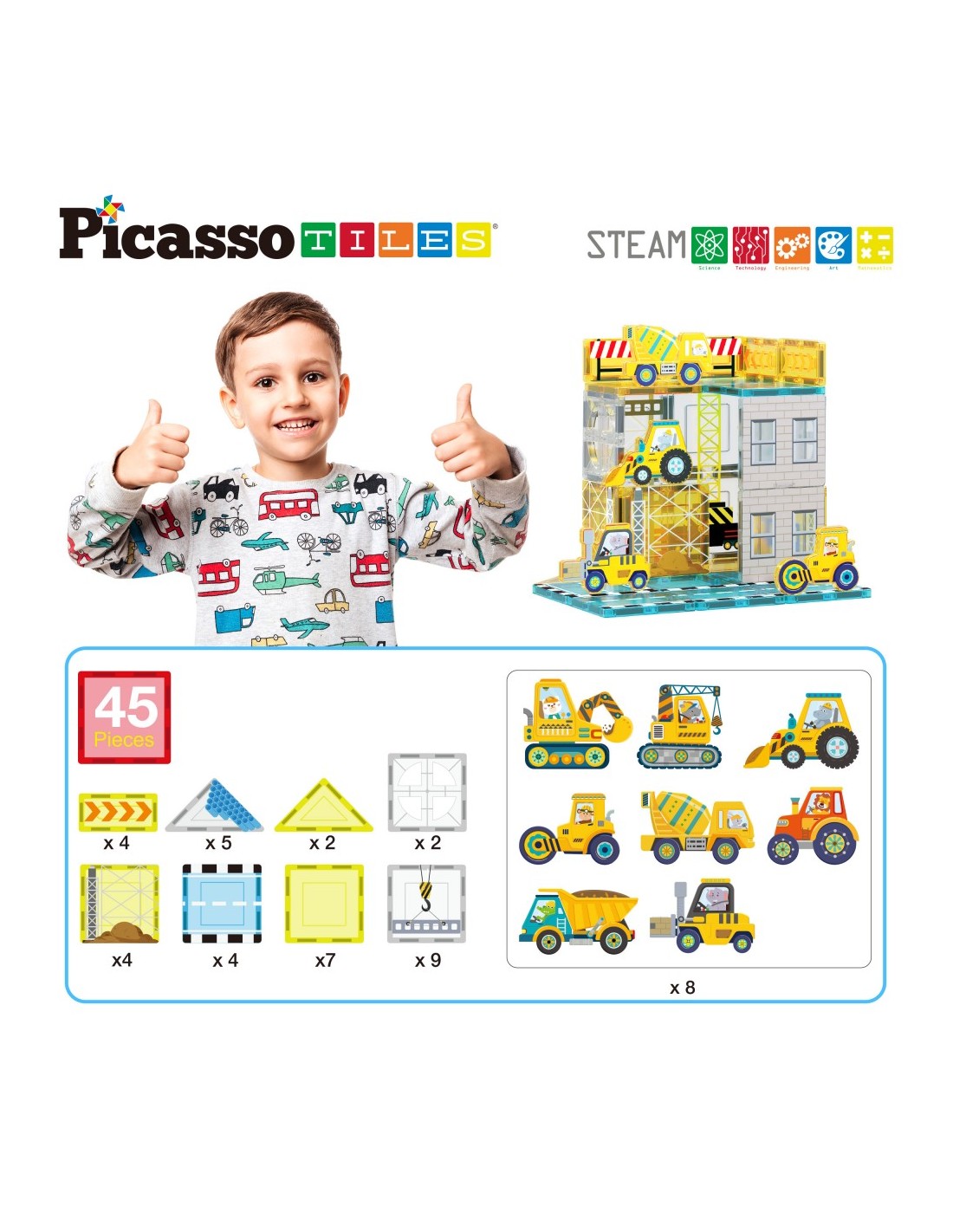 Picasso Tiles Construcción 37 Piezas + 8 Vehículos